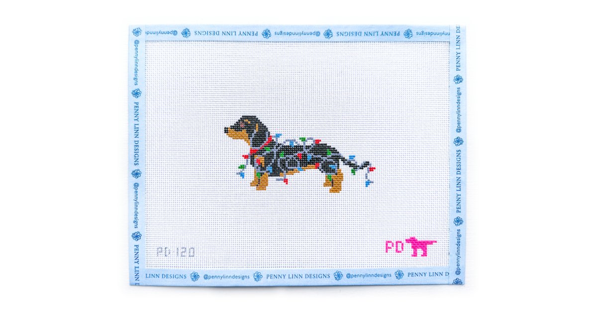 DACHSHUND WRAPPED IN LIGHTS - Penny Linn Designs - Poppy's Designs Needlepoint
