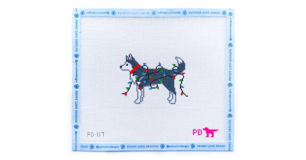 HUSKY WRAPPED IN LIGHTS - Penny Linn Designs - Poppy's Designs Needlepoint